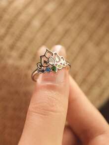 GAGAFEEL 1pc S925 Sterling Silver Elegant Fashion Vintage Colorful Zirconia Lotus Flower Finger Ring For Women, Suitable For Daily Wear, Party Jewelry Gift For Female Friends - Silver - View 4