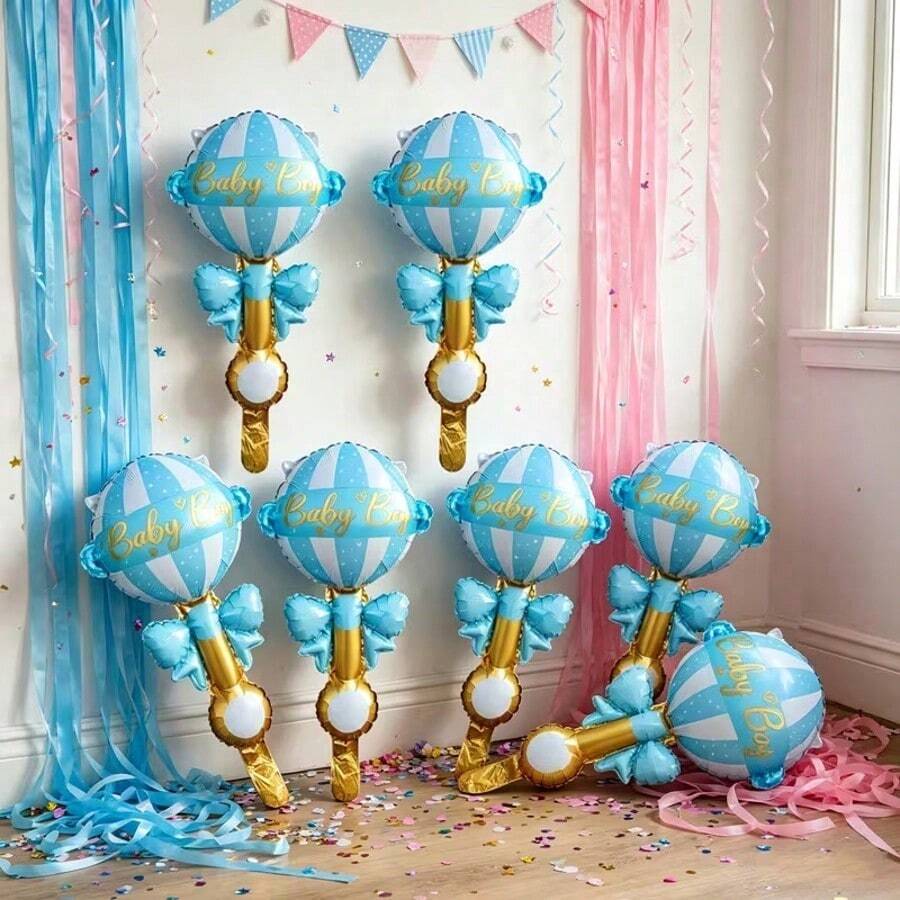 Blue & Pink Striped Rattle Shaped Foil Balloon, Baby Boy Theme Gender Reveal Party Decoration, Baby Shower Atmosphere Photo Prop - Multicolor - View 1