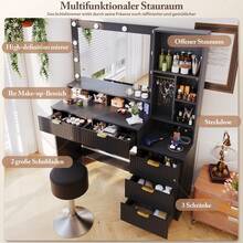 Devoko Modern Vanity Table With Mirror, LED Lighting With 3 Color Modes, 5 Drawers, Open Shelves, Jewelry Hooks And Integrated Power Outlet, Dressing Table For Bedroom, Black - View 2