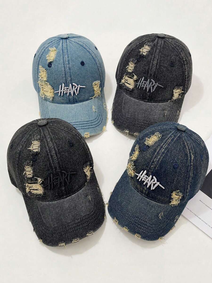 做舊水洗丹寧棒球帽 HEART字母刺繡 破洞毛邊設計復古Dad Hat Y2K街頭風中性戶外遮陽帽 - heart牛仔棒球 - 查看 1