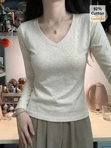 Women's Floral Grey V-Neck Long Sleeve T-Shirt, Autumn/Winter Inner Layer Base Top, Slim Fit Flattering Solid Color Commuter Blouse Casual - Gray - View 2