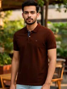 Ogochi Men's Basic Plain Polo Shirt With Logo, No Pocket, Original - 巧克力棕 - 查看 1