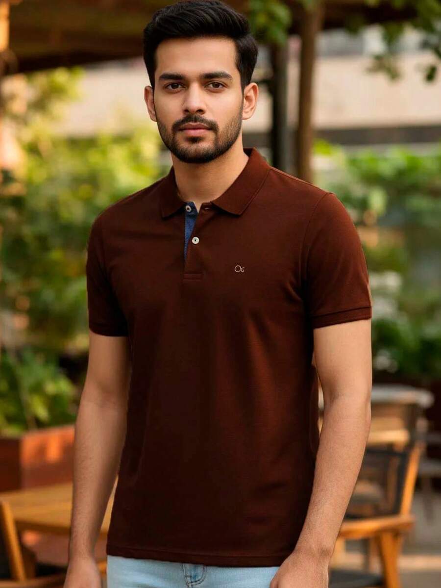 Ogochi Men's Basic Plain Polo Shirt With Logo, No Pocket, Original - 巧克力棕 - 查看 1