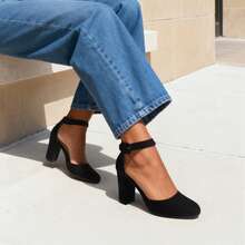 Zapatos de tacón de mujer Hebilla Liso Tira Tobillera Elegante - Negro - Ver 10