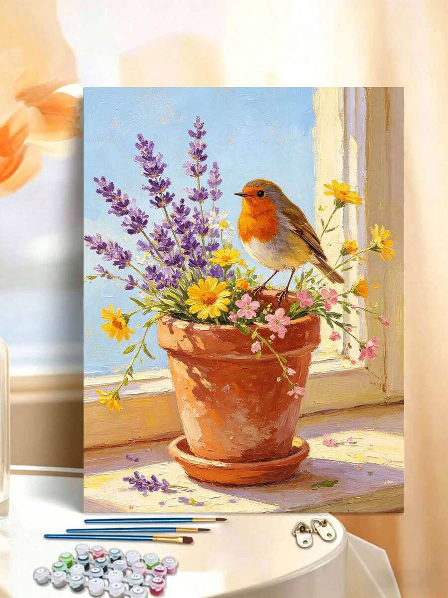 1pc Adult Beginner Digital Oil Painting Set, Robin On Flower Pot, DIY Oil Painting, Home Wall Decor, Christmas Holiday Gift