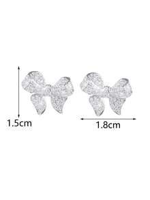 1 par de pendientes de botón de lujo elegante y de moda con forma de lazo de circonita cúbica para uso diario de mujeres - Plateado - Ver 6