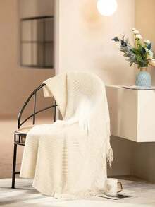 Madebyblanc 1pc Solid Color Knitted Blanket, Nordic Style Acrylic Rectangular Office Nap Sofa Blanket, Knitted Throw Blanket, Shawl,Cover, Bedspread, Bed Tail Blanket - Beige - View 5