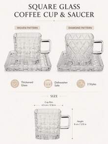 Square Textured Glass Coffee Cup & Saucer Set, Thick Transparent Espresso Cup With Handle, Woven Or Diamond Pattern, Dishwasher , Suitable For Coffee, Latte, Tea, Breakfast, Home & Office - Multicolor - View 6