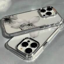 1 buah Casing Ponsel Minimalis Kancing Logam Transparan dengan Motif Bunga Tinta Abu-abu, Dapat Dipersonalisasi, Cocok untuk iPhone 16 Pro Max 17/16/15/14 Plus/13/12/11, Casing Pelindung Udara - MultiWarna - View 4