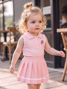 2pcs Baby Girl Fashion Preppy Style Set, Polo Collar Color Block Vest With Strawberry Embroidery And Elastic Waist Pleated Skirt, Comfortable Outfit - Pink - View 2