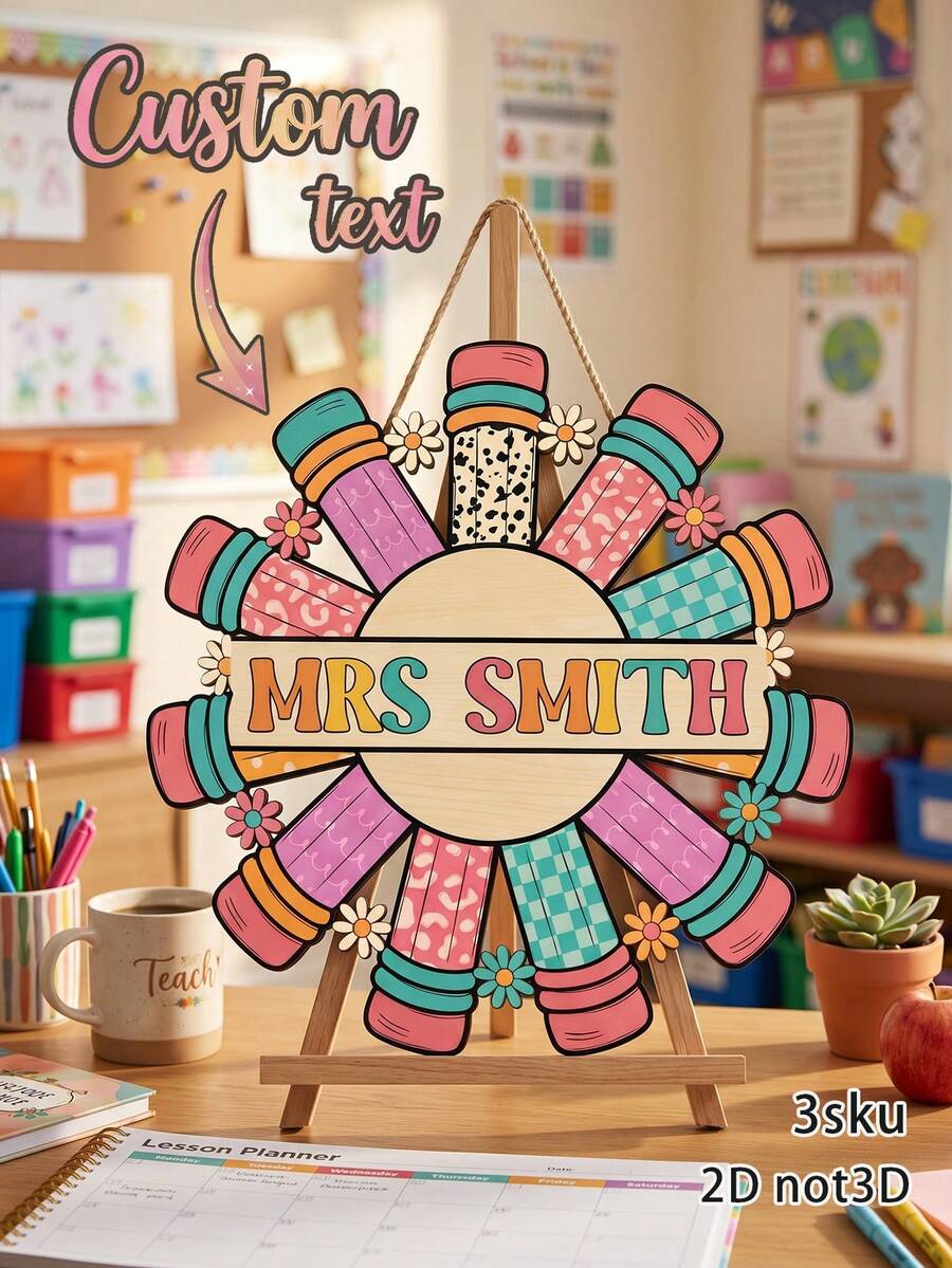 1pc Personalized Teacher Name Wooden Door Hanger,Colorful Pattern Pencil Design,Back To School Gift For Teacher Appreciation Decorative,Front Door Hanging Plaque - Multicolor - View 1