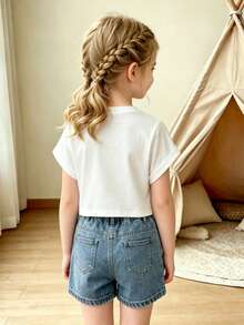 Girls Cotton Drop-Shoulder Short-Sleeved T-Shirt With A Cartoon Biscuit Print, In A Cute And Sweet Style - White - View 5