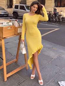 Soft Pale Yellow Skin-Friendly Knitted Long Sleeve Dress, Classic Round Neck Elastic Slim Fit Short Dress With Irregular Wavy Ruffle Hem Design, - Yellow - View 7
