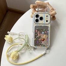 Floral Card Holder Phone Case With Mirror Card Slot, Shockproof Protective Cover, Pearl Flower Lanyard, Suitable For Party, Birthday, Picnic, Compatible With IPhone 17/17Pro/17ProMax/16/16Pro/16Plus/16ProMax/15/15Pro/15ProMax/14/14Pro/14ProMax/13/13Pro/13ProMax - Multicolor - View 2