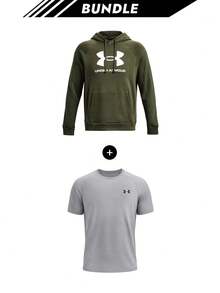 Under Armour [Bundle] Unstoppable Men UA Rival Fleece Logo Hoodie + Venture Daze Tech 2.0 Men's Sports Short Sleeve Grey - Army Green+SteelLightHeather - View 1