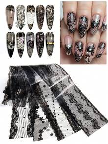 10 Sheets Black Lace Nail Art Foils Set Nail Transfer Sticker Full-Coverage Lace Floral DIY Transfer Paper Manicure Accessories,Glossy, Single Use - Black - View 2