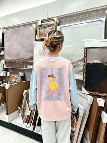 Tween Girl 1pc Printed Patchwork Contrast Color Long Sleeve T-Shirt, Suitable For Tween GirlsAutumn/Winter Top, Young Student Children's Clothing, Suitable For Outerwear And Inner Layer - Pink - View 5