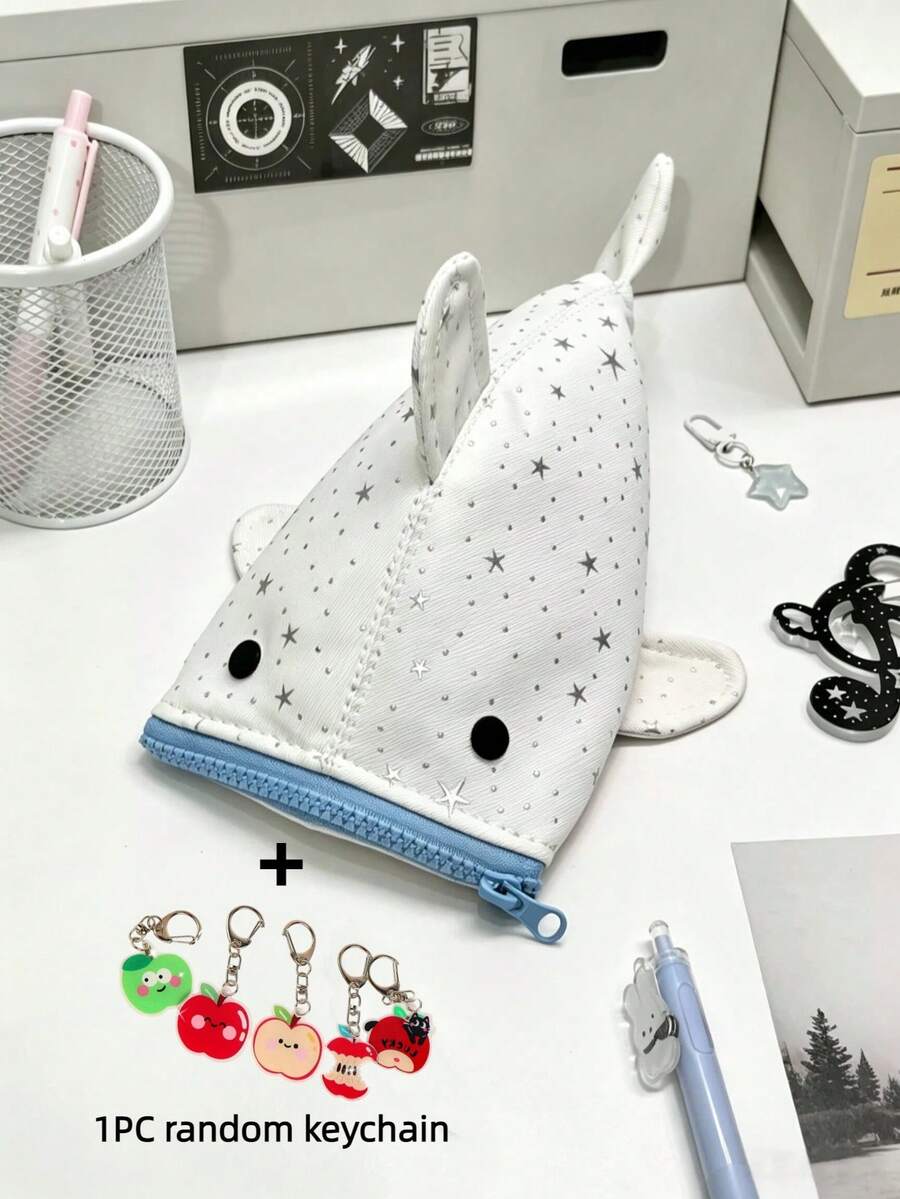2件/1件可愛耐用鯊魚鉛筆盒與鑰匙圈，個性化趣味星星鯊魚零錢包筆袋，創意便攜大容量文具零錢收納袋，拉鍊文具袋適用於辦公室使用，文具架，鯊魚造型鉛筆盒，學校用品，返校季，畢業季完美小禮物