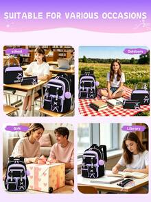 3 Pieces Set Bowknot (Detachable) Large Capacity Backpack, Tote Bag, Pencil Case, Polyester Adjustable Shoulder Strap Zipper Closure Back To School Gift - A - View 10