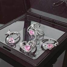 Vintage Y2K Pink CZ Multi-Piece Stackable Ring Set For Women, Silver-Plated Bow Heart Flower Star Open Adjustable Rings, Exquisite Shiny Party Jewelry Gift, Suitable For Engagement, Birthday, Valentine's Day - one-size - View 11