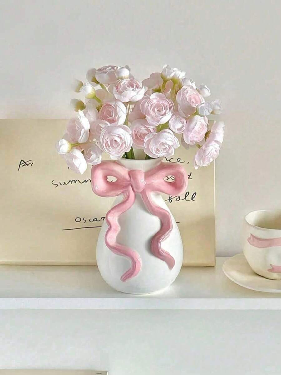 1pc Pink & White Bow Minimalist High-End Vase, Suitable For Indoor Decoration, Living Room, Study, Dining Room, Office, Exquisite Craftsmanship - 1PC - View 1