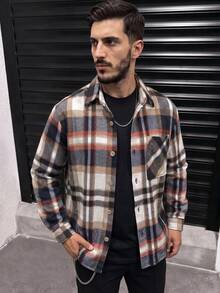 Men's Spring/Autumn Brushed Plaid Casual Fashion Design Loose Long Sleeve Shirt Jacket - Multicolor - View 1