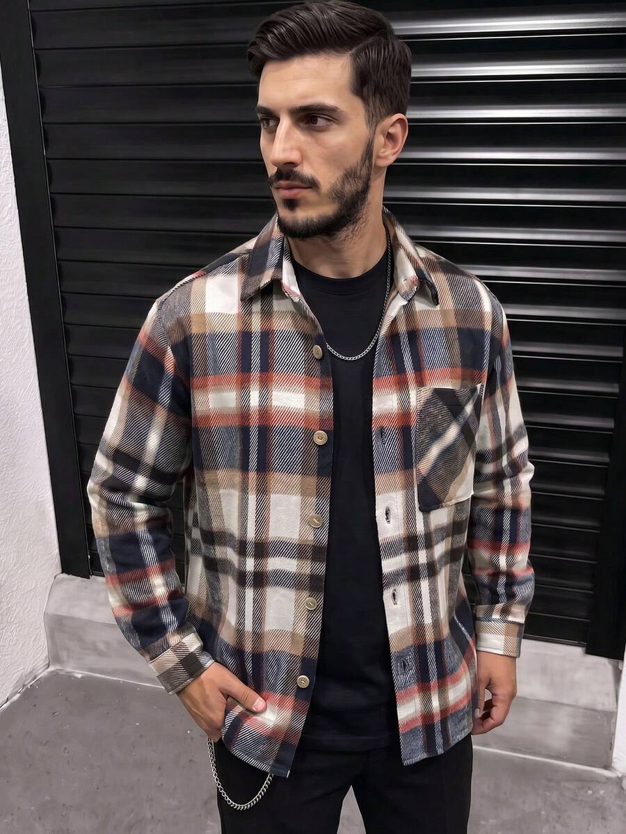Men's Spring/Autumn Brushed Plaid Casual Fashion Design Loose Long Sleeve Shirt Jacket - Multicolor - View 1