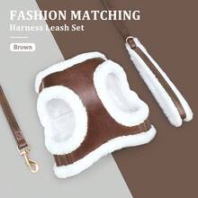 Autumn/Winter Thermal Lined Dog Harness And Leash Set, PU Leather Warm Pet Dog Harness And Leash - Brown - View 3