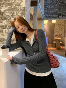 Women's 2-In-1 Color Block Patchwork Long Sleeve Knit T-Shirt, Slim Fit Versatile Base Layer Top - Grey - View 3