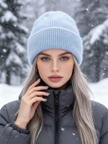 1pc Women's Casual Knitted Beanie, Double Layer Folded Thickened Skull Cap, Girls Skull Knit Hat, Autumn/Winter Warm Travel Outfit, Campus - Multicolor - View 2