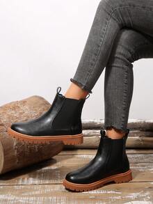 Women's Fashion Versatile Cylinder Boots, Slip-On Elastic Chelsea Ankle Boots, Lightweight Flat Ankle Boots - Black - View 5