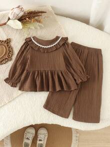 2pcs Baby Girl Mori Style Vintage Brown Peter Pan Collar Long Sleeve Top & Matching Loose Wide Leg Pants Set, Lightweight For Spring/Autumn - Coffee Brown - View 2