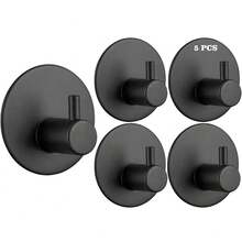 5pcs Self-Adhesive Bathrobe And Towel Hooks - Wall Mounted, Drill-Free Easy Installation, Smooth Matte Finish, Suitable For Bathroom And Kitchen - Black - View 1