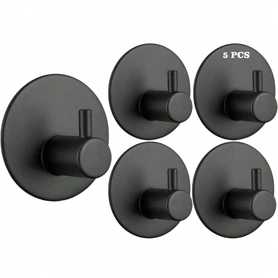 5pcs Self-Adhesive Bathrobe And Towel Hooks - Wall Mounted, Drill-Free Easy Installation, Smooth Matte Finish, Suitable For Bathroom And Kitchen - Black - View 1
