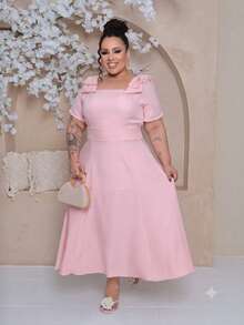 Women's Midi Plus Size Lined Dress With Square Neckline, Short Sleeves, Shoulder Bow, Padded Cups, And Elastic Back In Duna Linen - Elegant Party Dress - 淺粉色 - 查看 1