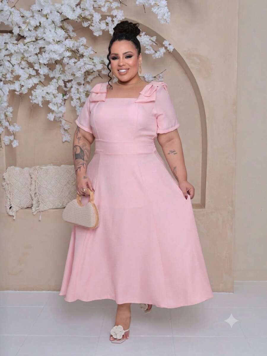 Women's Midi Plus Size Lined Dress With Square Neckline, Short Sleeves, Shoulder Bow, Padded Cups, And Elastic Back In Duna Linen - Elegant Party Dress - 淺粉色 - 查看 1