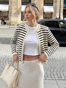 Women's Elegant Striped Crew Neck Knit Cardigan, Versatile Fashion Casual Sweater, Retro Jacket For Commuting, Autumn Fall - Black and White - View 4