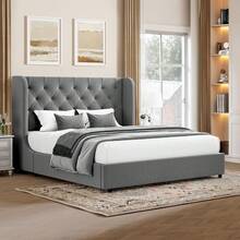 Modern Velvet Upholstered Bed Frame With Curved Wingback Design, Wooden Platform Bed Frame For Bedroom, Full Bed Frame/ Queen Bed Frame/ King Bed Frame/ Full Size Bed Frame/ Queen Size Bed Frame/ King Size Bed Frame,Pink/ White/ Grey - 深灰色 - 查看 9