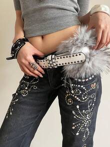 1pc Women's White PU Leather Punk Style Double Row Rivet Decor Belt, Multi-Functional Belt, Suitable For Daily Wear And Photography Matching - White - View 3