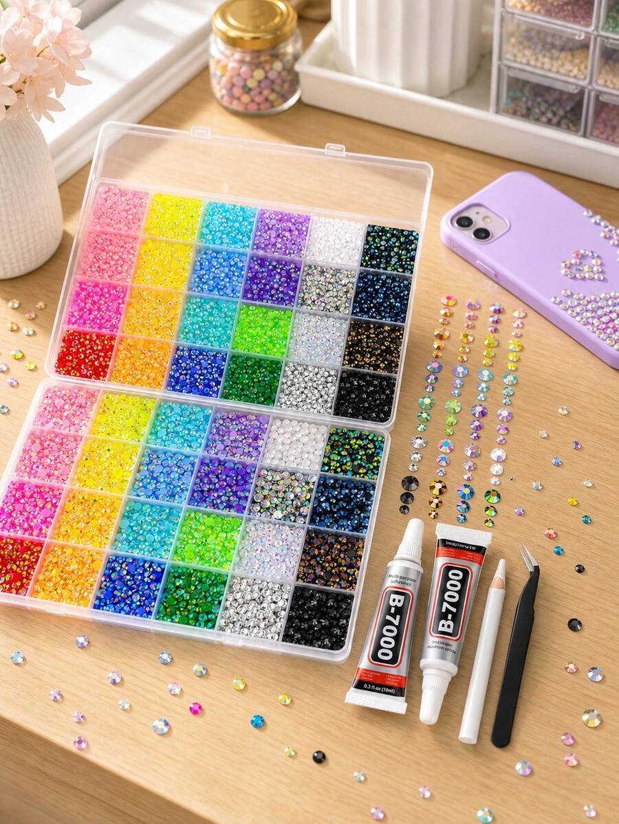 Flat Bottom Rhinestone Set, Multi-Color Handmade Gems Set . Suitable For Diy, Clothing, Shoes Sparkling Jewelry - Colorful Mixed Color Palette, Bedazzler Kit Glue Crafts Book Fabric Decor Nail Art - Multicolor - View 1