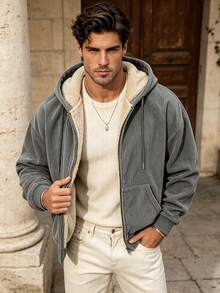 Men's Winter Casual Solid Color Minimalist Hooded Thermal Lined Jacket - Grey - View 3