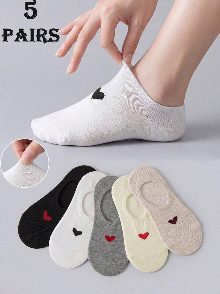 5 đôi tất lót tàng hình hình trái tim đơn giản màu trơn cho nữ, thoáng khí, thoải mái, dễ phối đồ, dùng cho mùa xuân/hè - Nhiều màu - Xem 1