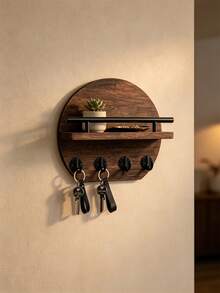1 Stück runder Holz-Schlüsselhalter mit Wandmontage und Regal, 4 Metallhaken, Eingangsbereich-Organizer, modernes hängendes Aufbewahrungsregal für Schlüssel, Taschen und kleine Gegenstände, Wohndekoration für Flur, Schlafzimmer, Wohnung, Einweihungsgeschenk - Verschiedenfarbig - Übersicht 3