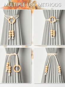 2/4 pièces Embrasses de rideaux en corde de coton naturel, cordes de rideaux décoratives de style bohème, boucles de rideaux élégantes en anneau de bois tressées à la main, universelles pour rideaux de maison et de bureau - Modèle avec pendentif en perles de bois - Voir 9
