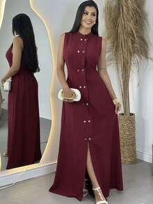Formal Long Dress With Slit, Buttons, Pockets, High Neck, Tailored, Sensory, Marrant, Blogger Style 01 - Granate - Ver 2