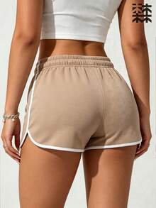 mulinsen Women's Athletic Shorts, Elastic Drawstring, Patchwork Hem, Quick-Dry Running Shorts, Suitable For Fitness Training And Daily Jogging - Khaki - View 4