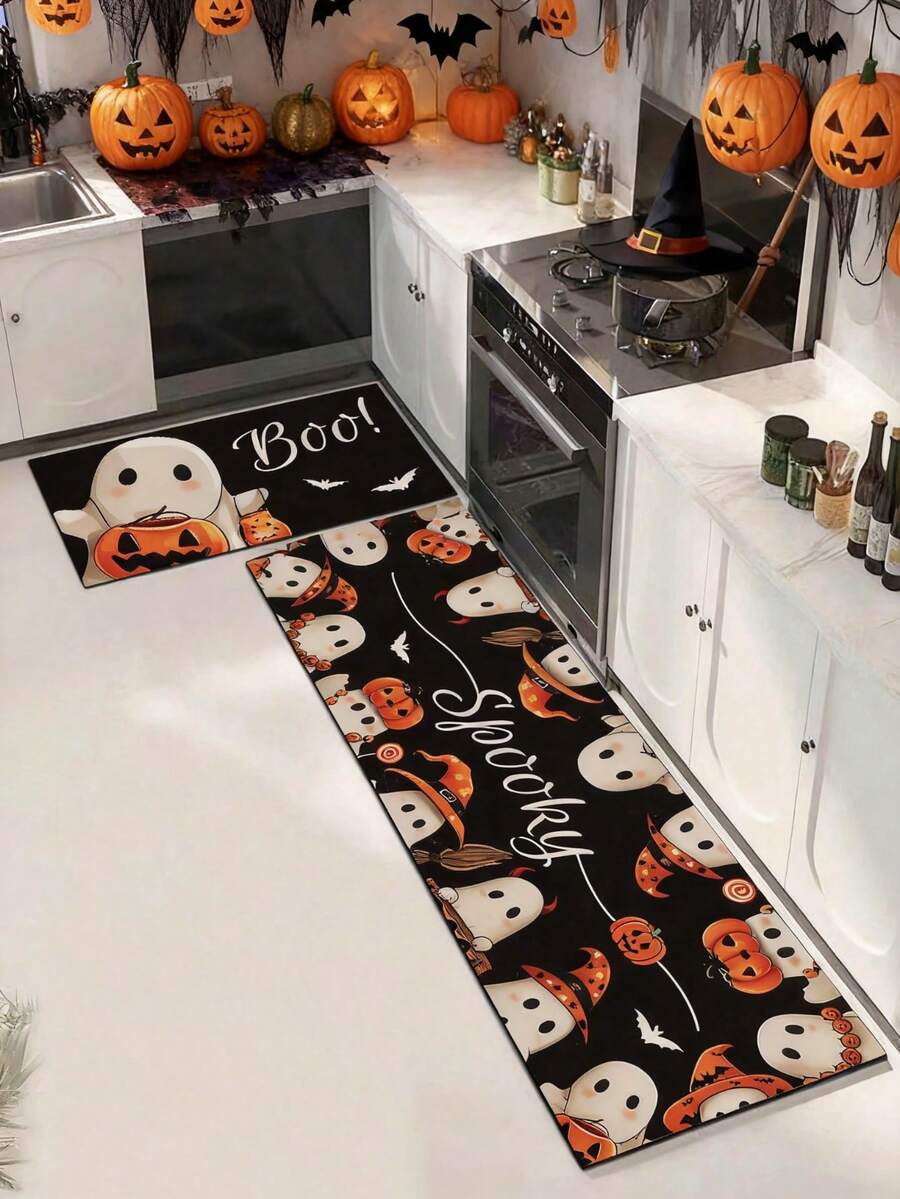 1/2pcs Halloween Cute Ghost Style Kitchen Rug And Mat, Halloween Home Decor, Non-Slip Pumpkin Floor Mat, Halloween Holiday Kitchen Carpet - Multicolor - View 1