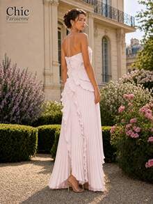 Baby Pink:Baby Pink Romantic Ruffle Pleated Halter Maxi Dress - 淺粉色 - 查看 3