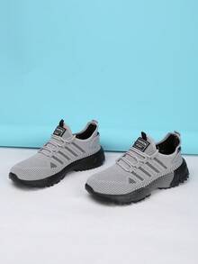 Men's Breathable Mesh Athletic Shoes, Lightweight Lace-Up Low-Top Sneakers, Round Toe, Lightweight Sole, Suitable For Casual Walking, Running And Jogging, Multi-Functional Training Shoes - Grey - View 1