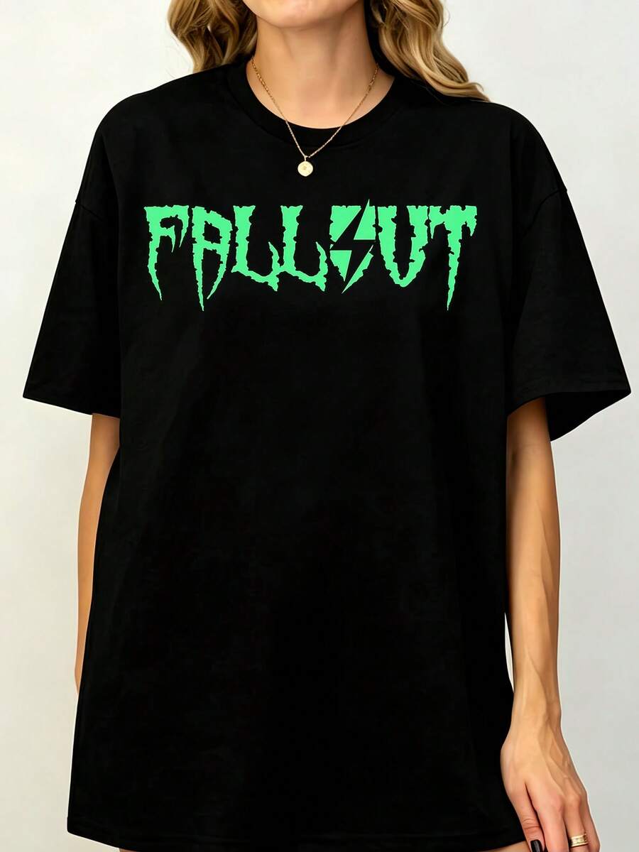 Fallout Neon Green Metal Lightning Font Post-Apocalyptic Horror Gaming Graphic Black Unisex Fan T-Shirt Summer Autumn - 黑色 - 查看 1